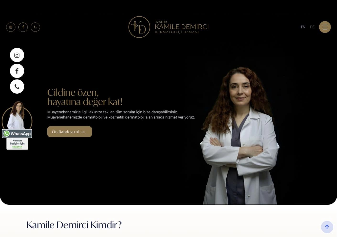 Uzm. Dr. Kamile Demirci sitesinin hekim portresiyle açılan ana sayfası.