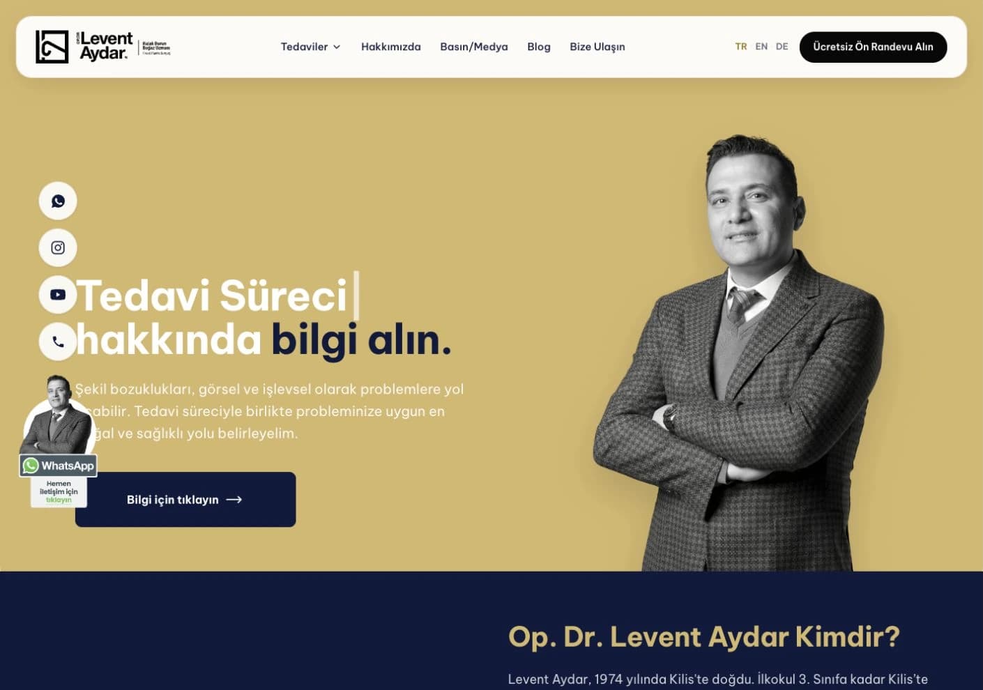 Op. Dr. Levent Aydar sitesinde portre, marka kimliği ve içerik navigasyonu.