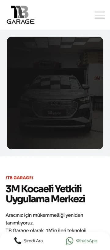 TB Garage’ın mobil görünümünde araç sunumu, arama ve mesajlaşma bağlantıları.