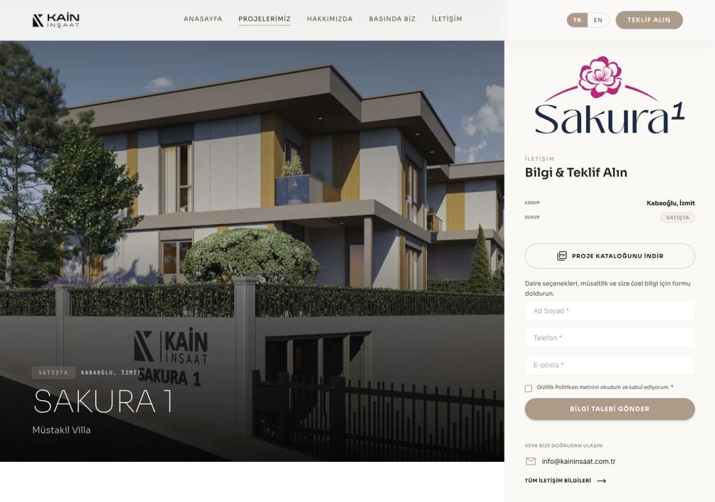 Kain Sakura projesinin mimari görseli, proje bilgileri ve iletişim alanı.